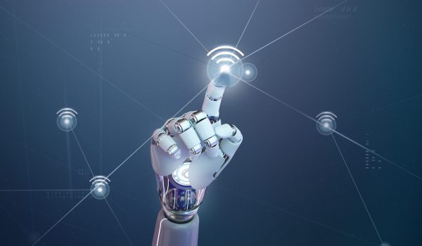 Futuristic 5g wireless network, AI robot hand tap on wifi icon