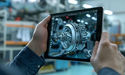 Close-up of a person holding a tablet displaying a detailed 3D model of a mechanical part in a high-tech industrial environment. The image depicts digital technology, engineering, and industrial design.