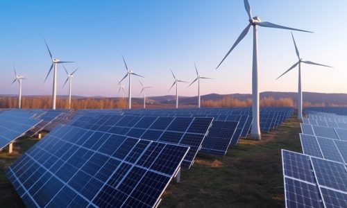 Solar panel and wind turbine farm clean energy.